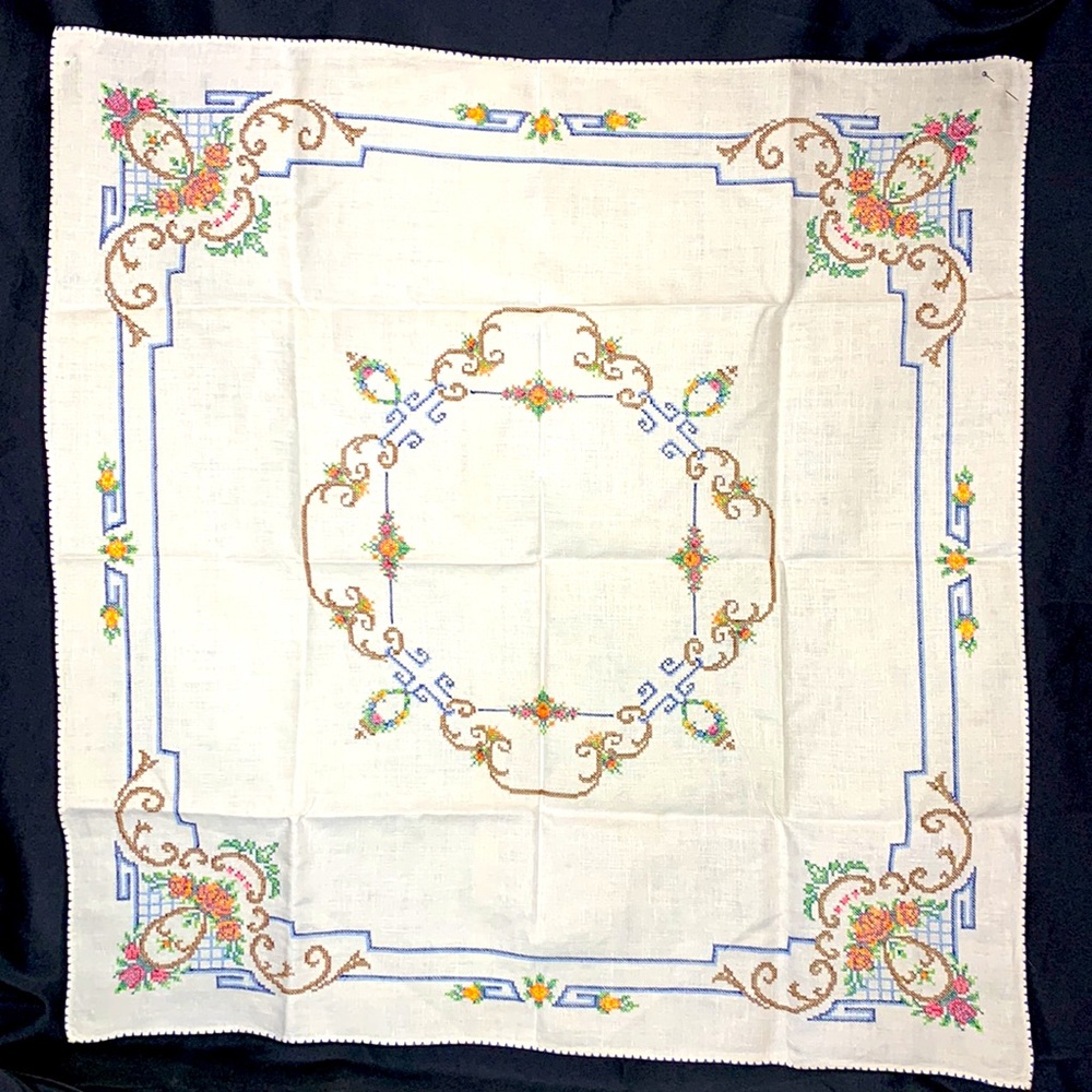 Handmade tablecloth cross stitch on linen 31.5 x 31.5 square